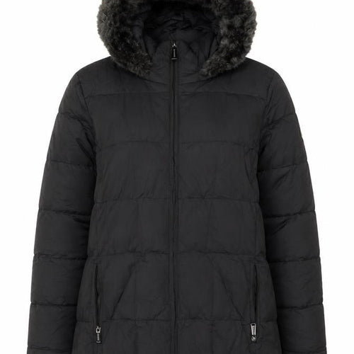 Calvin Klein Womens Black L Puffer Jacket Hooded Faux Fur Trim Winter Coat