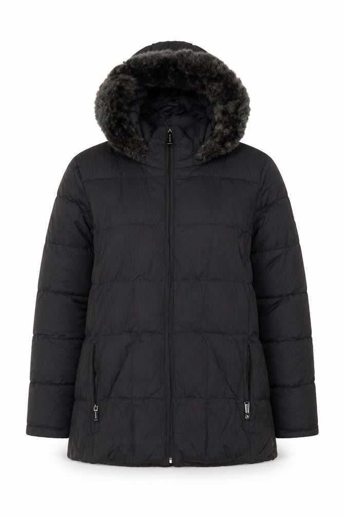 Calvin Klein Womens Black L Puffer Jacket Hooded Faux Fur Trim Winter Coat
