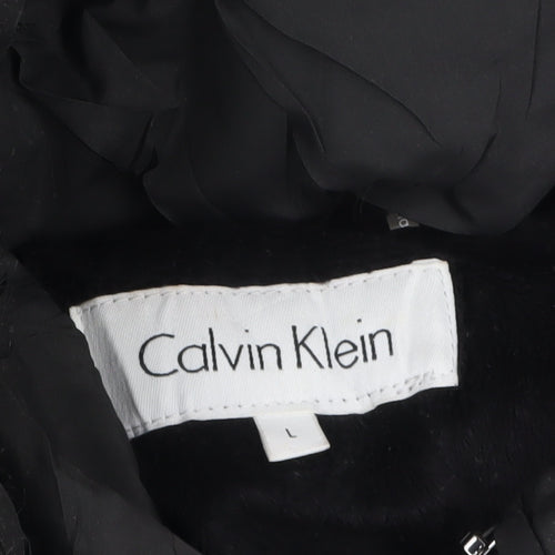 Calvin Klein Womens Black L Puffer Jacket Hooded Faux Fur Trim Winter Coat