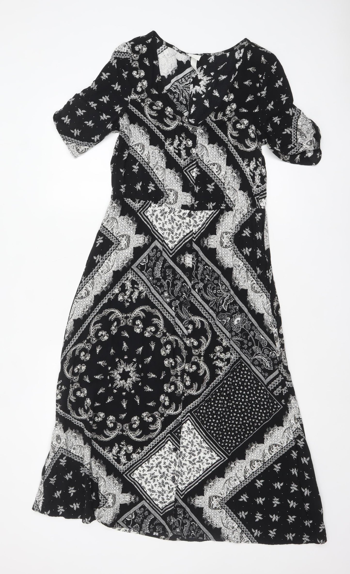 H&M Women’s Black Midi A-Line Dress Size 8 Bohemian Paisley Viscose