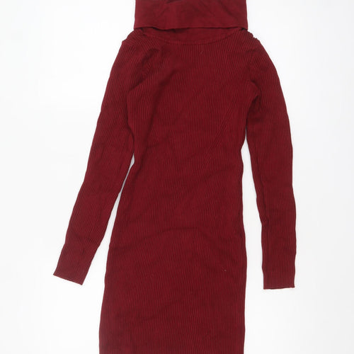 Abolria Women Red Knit Roll Neck Bodycon Dress Size M