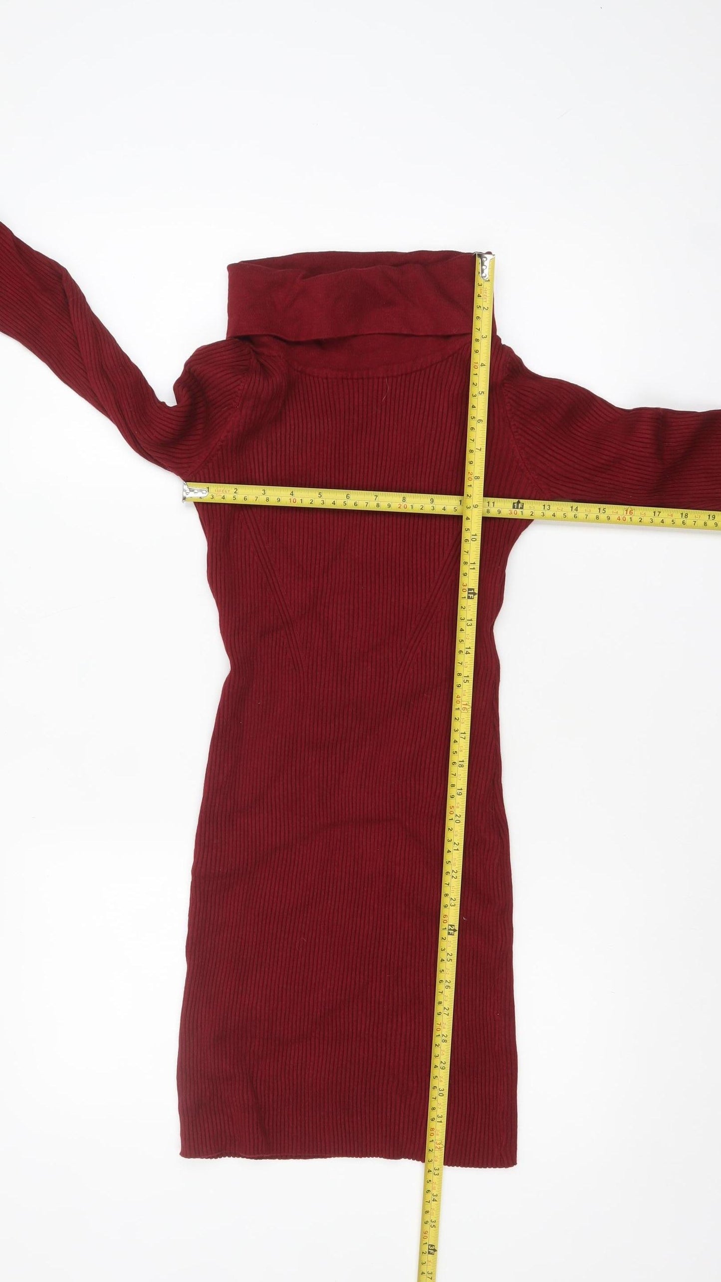 Abolria Women Red Knit Roll Neck Bodycon Dress Size M