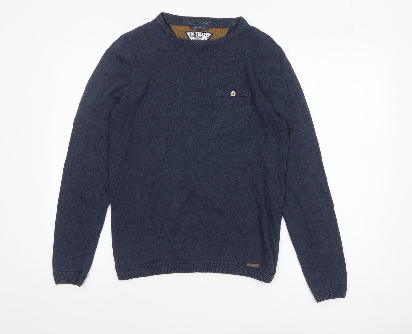 Threadbare Men's Blue Cotton Crew Neck Pullover Jumper Size S