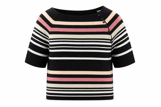 Front view of BHS Women’s Multicoloured Striped Acrylic Short Sleeve jumper, size UK 12