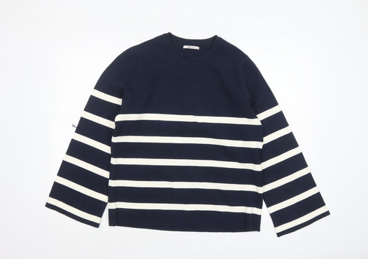 Tu Women Navy Striped Crew Neck Jumper Size 12 Long Sleeve Classic Knit