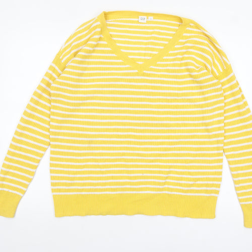 GAP Women’s Yellow White Striped Cotton V-Neck Jumper Size M