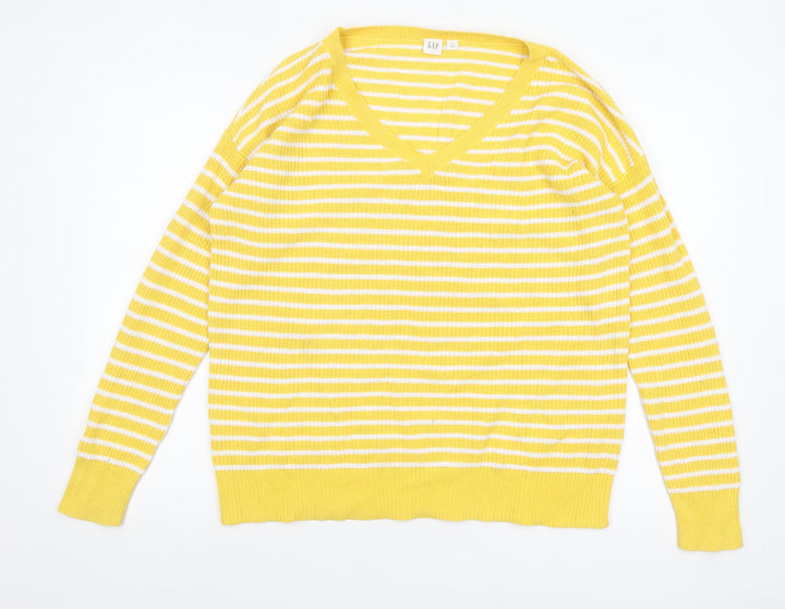 GAP Women’s Yellow White Striped Cotton V-Neck Jumper Size M