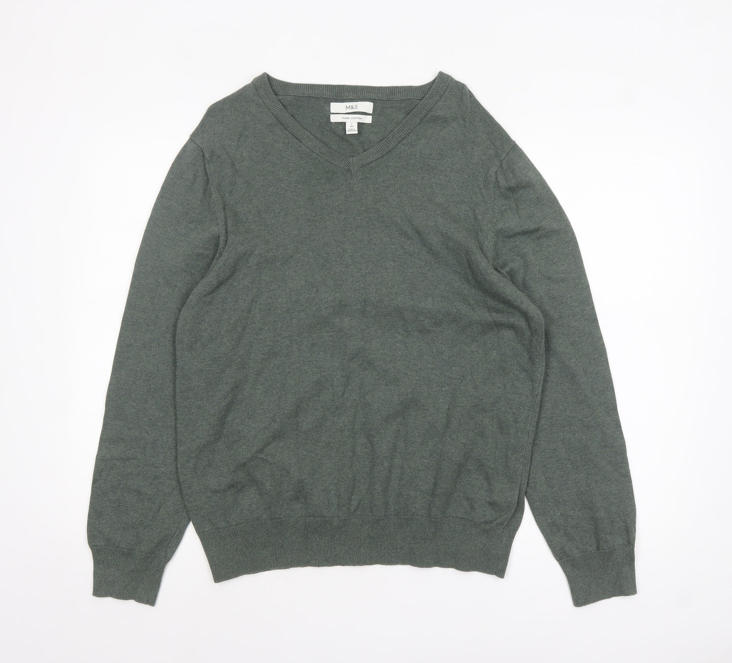 Marks and Spencer Men’s Green Cotton V-Neck Jumper Size L Regular