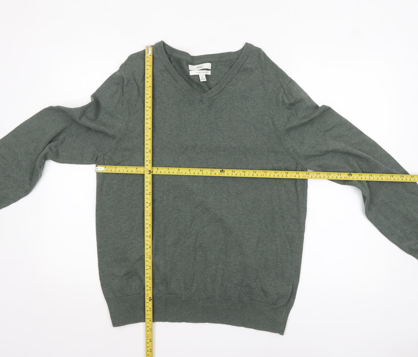 Marks and Spencer Men’s Green Cotton V-Neck Jumper Size L Regular