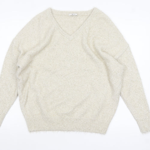 TU Women’s Beige V-Neck Fluffy Jumper Size 14 Polyamide Metallic Blend