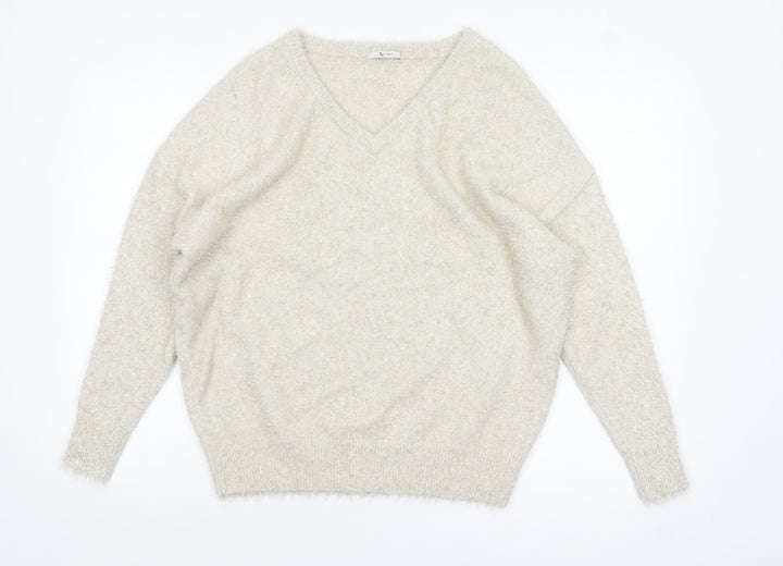 TU Women’s Beige V-Neck Fluffy Jumper Size 14 Polyamide Metallic Blend
