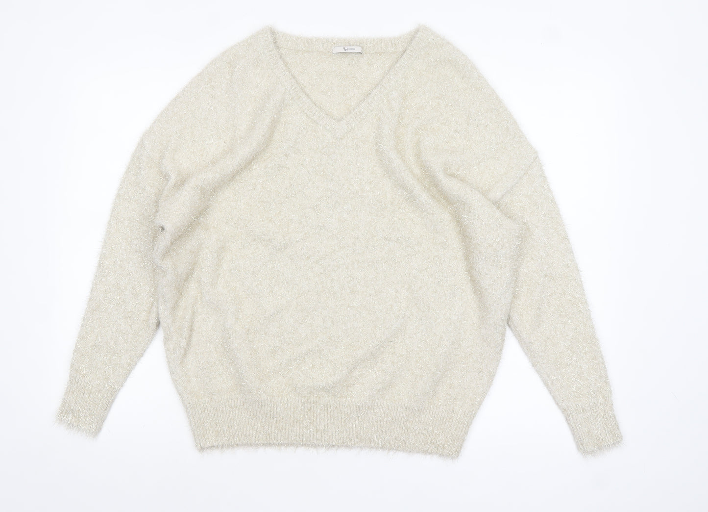 TU Women’s Beige V-Neck Fluffy Jumper Size 14 Polyamide Metallic Blend