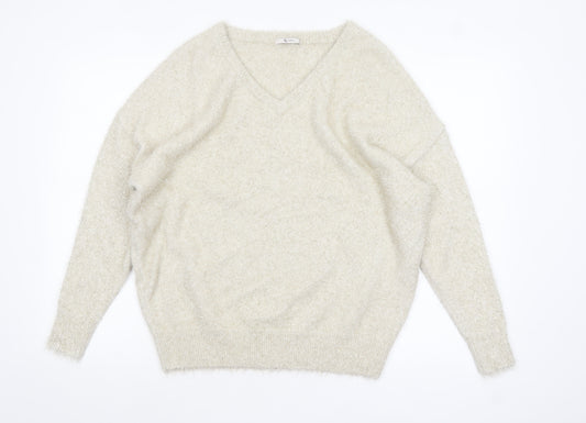 TU Women’s Beige V-Neck Fluffy Jumper Size 14 Polyamide Metallic Blend