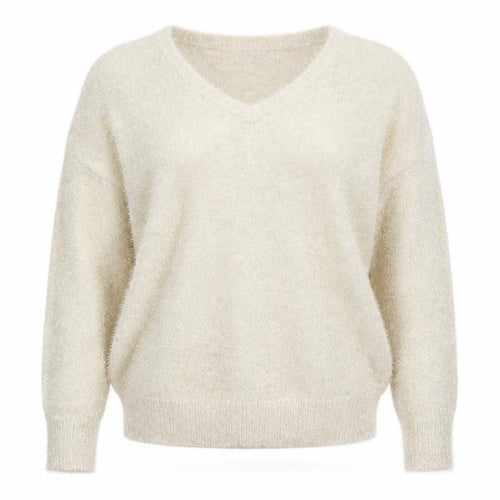 TU Women’s Beige V-Neck Fluffy Jumper Size 14 Polyamide Metallic Blend