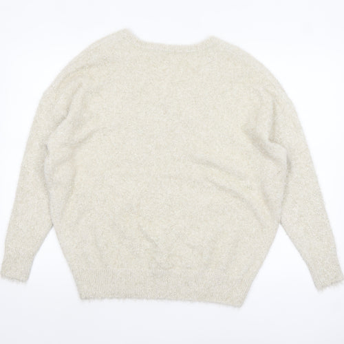 TU Women’s Beige V-Neck Fluffy Jumper Size 14 Polyamide Metallic Blend