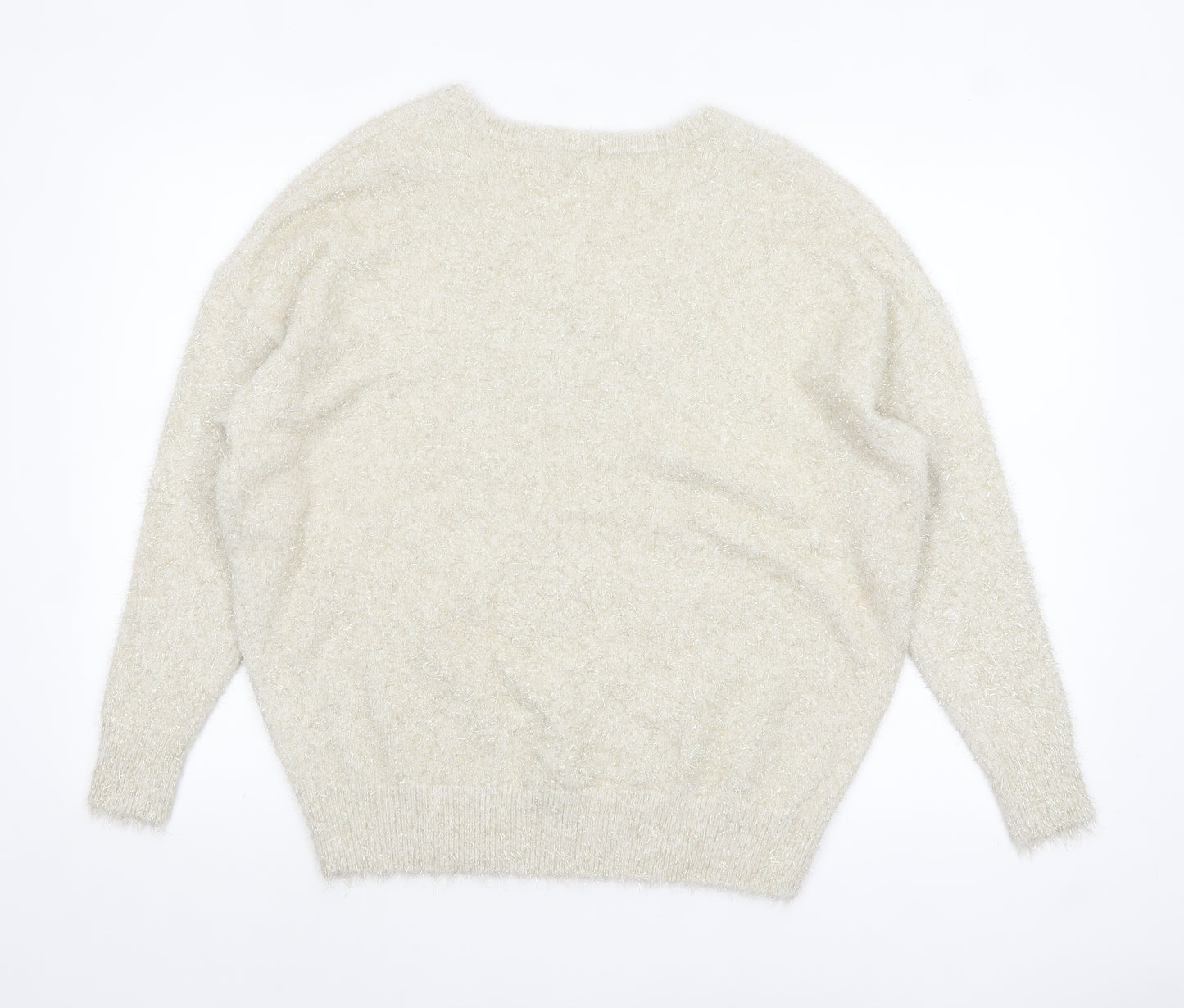 TU Women’s Beige V-Neck Fluffy Jumper Size 14 Polyamide Metallic Blend