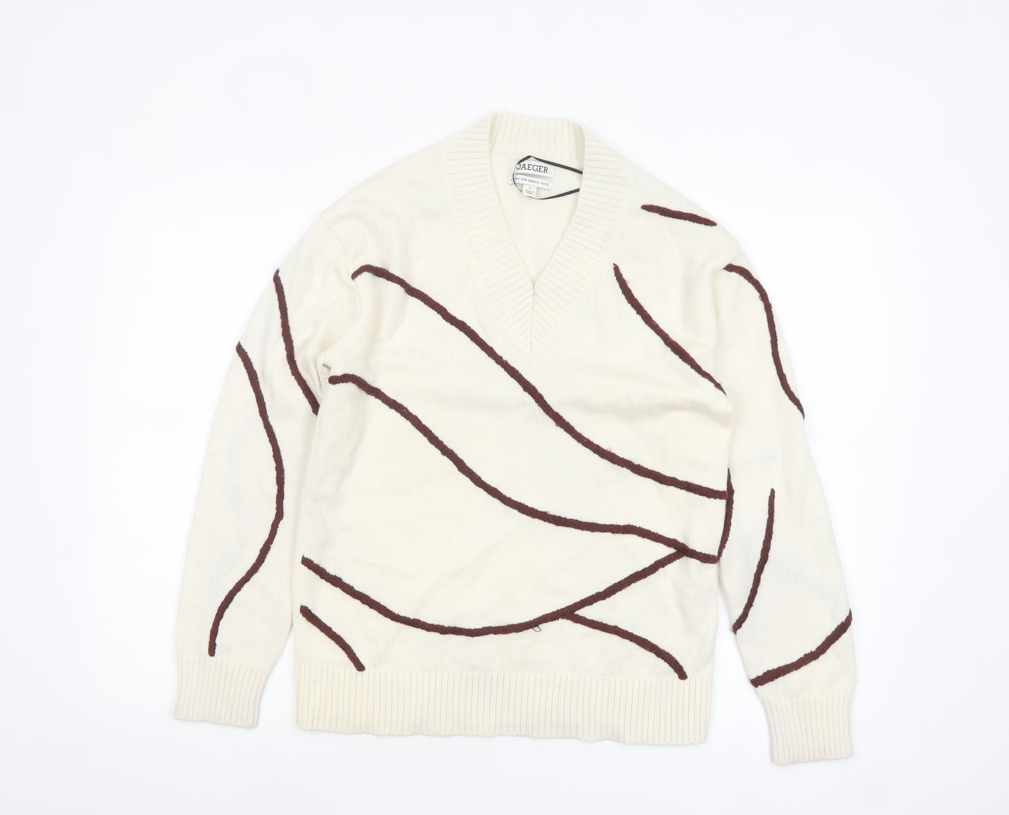 Jaeger Womens Ivory V-Neck Merino Wool Pullover Jumper Size S