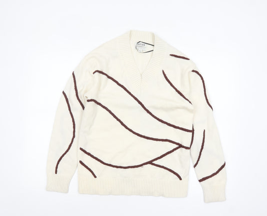 Jaeger Womens Ivory V-Neck Merino Wool Pullover Jumper Size S