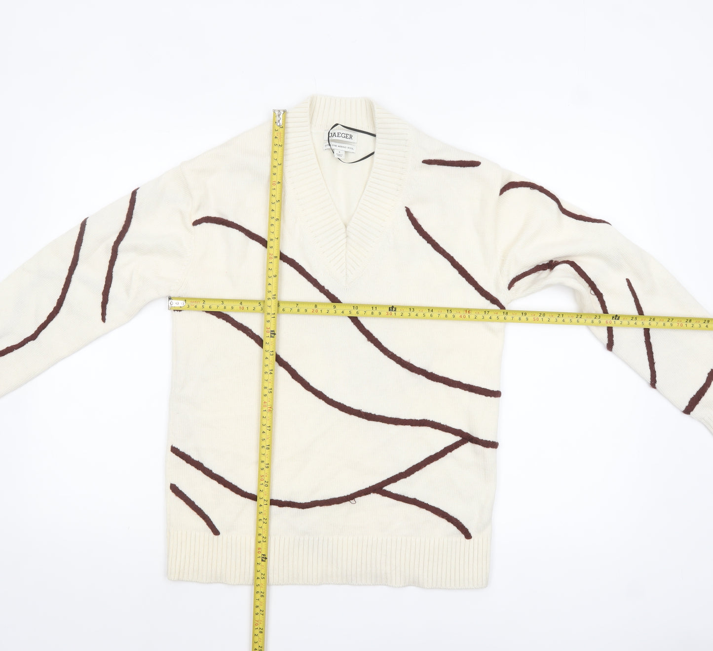 Jaeger Womens Ivory V-Neck Merino Wool Pullover Jumper Size S