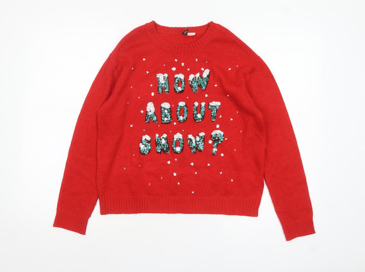 H&M Divided Women Red Sequin Christmas Jumper Size 8