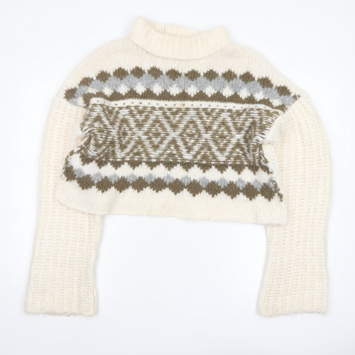 Free People Women's Ivory Wool Blend Roll Neck Chunky Knit Jumper Size S