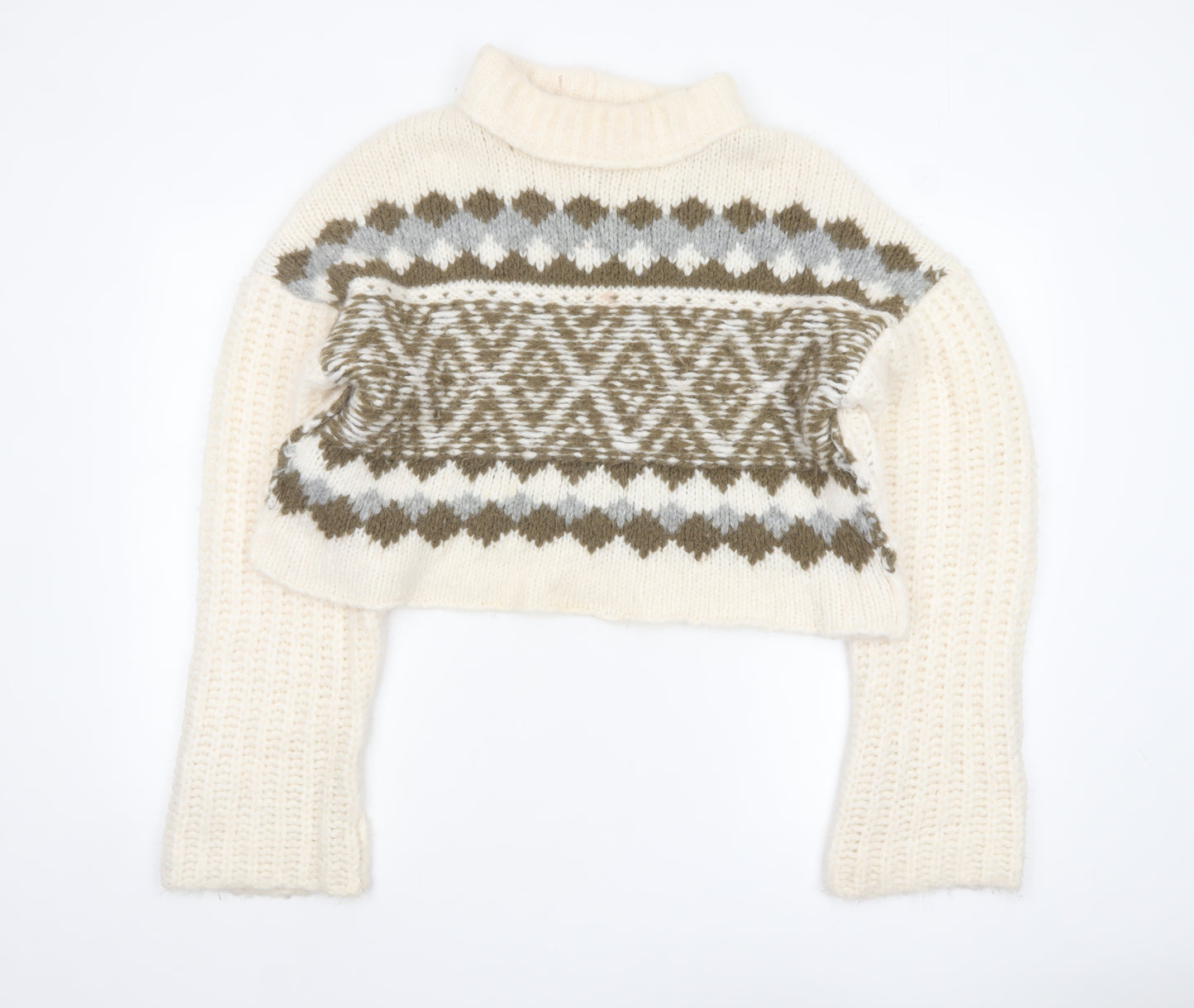 Free People Women's Ivory Wool Blend Roll Neck Chunky Knit Jumper Size S