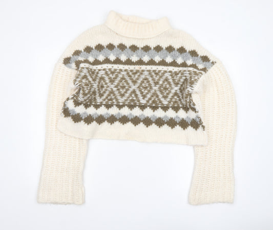 Free People Women's Ivory Wool Blend Roll Neck Chunky Knit Jumper Size S