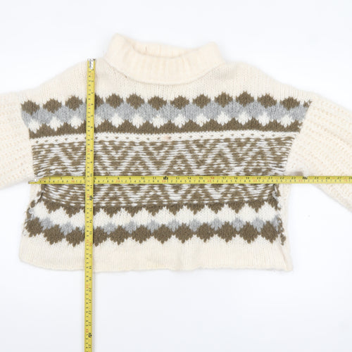 Free People Women's Ivory Wool Blend Roll Neck Chunky Knit Jumper Size S