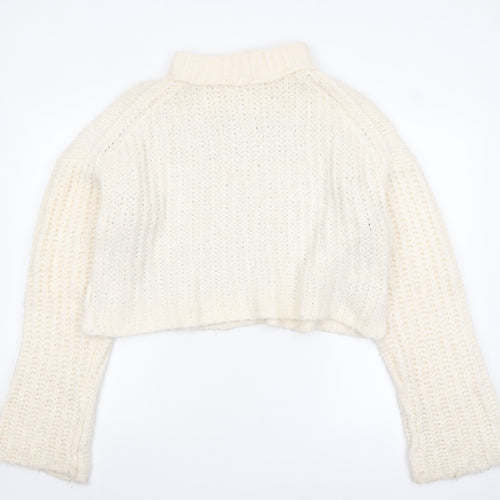 Free People Women's Ivory Wool Blend Roll Neck Chunky Knit Jumper Size S