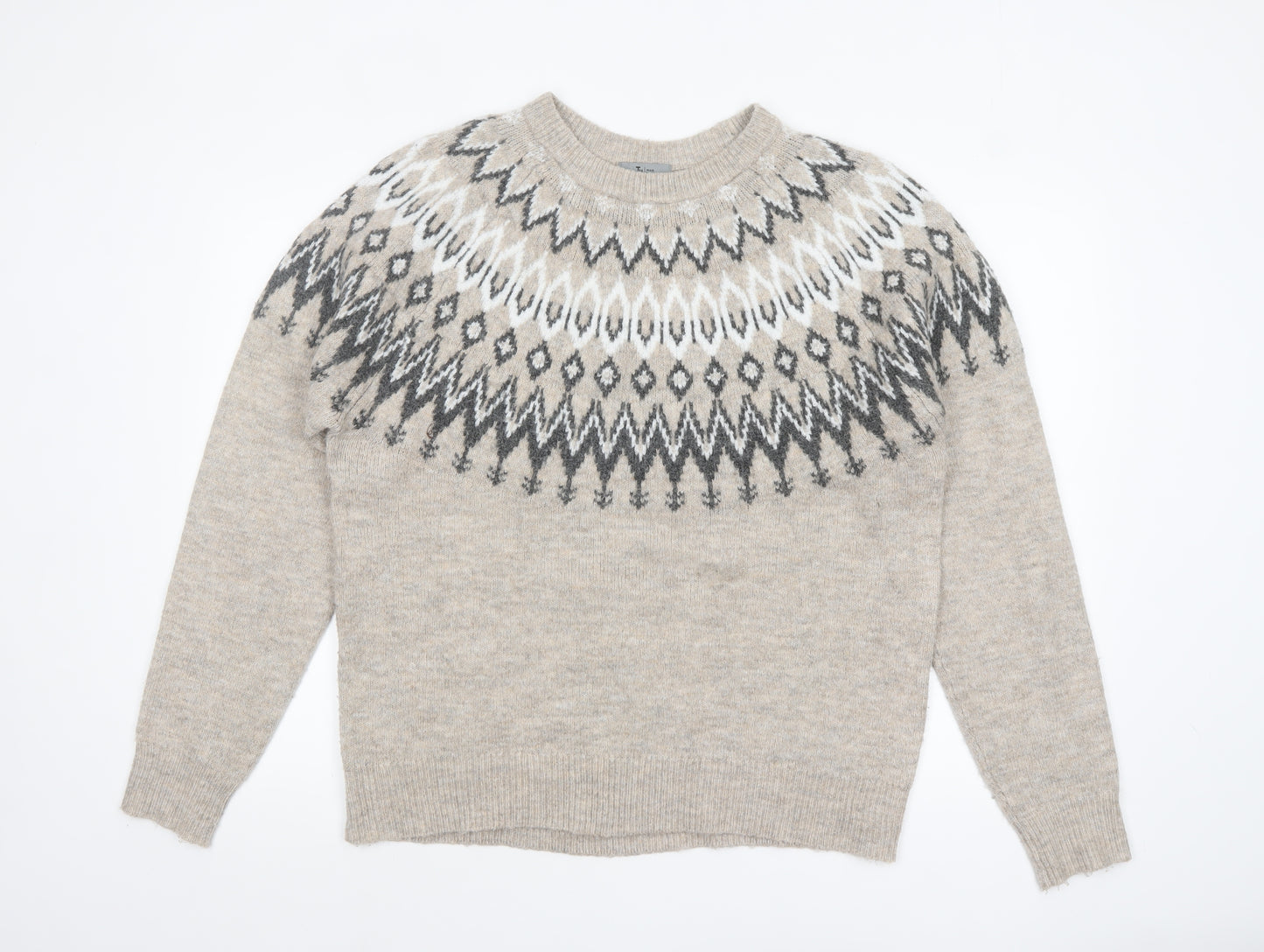 Tu Men Beige Fair Isle Knit Jumper Size L Crew Neck Pullover