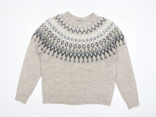 Tu Men Beige Fair Isle Knit Jumper Size L Crew Neck Pullover