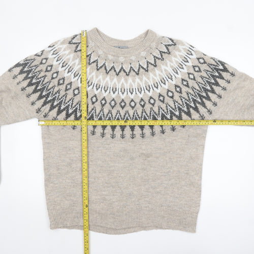 Tu Men Beige Fair Isle Knit Jumper Size L Crew Neck Pullover
