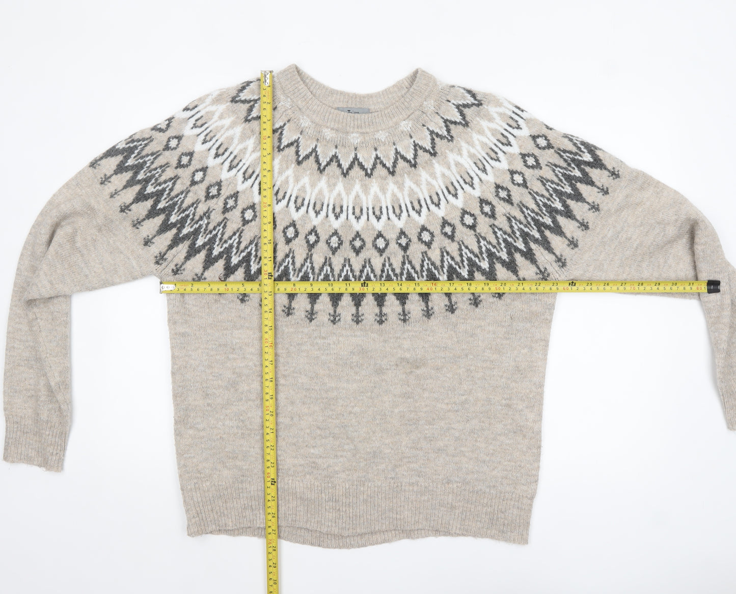 Tu Men Beige Fair Isle Knit Jumper Size L Crew Neck Pullover