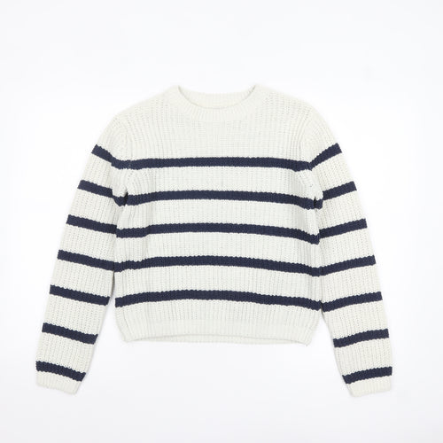 F&F Girls White Navy Striped Crew Neck Long Sleeve Pullover Jumper 13 Years