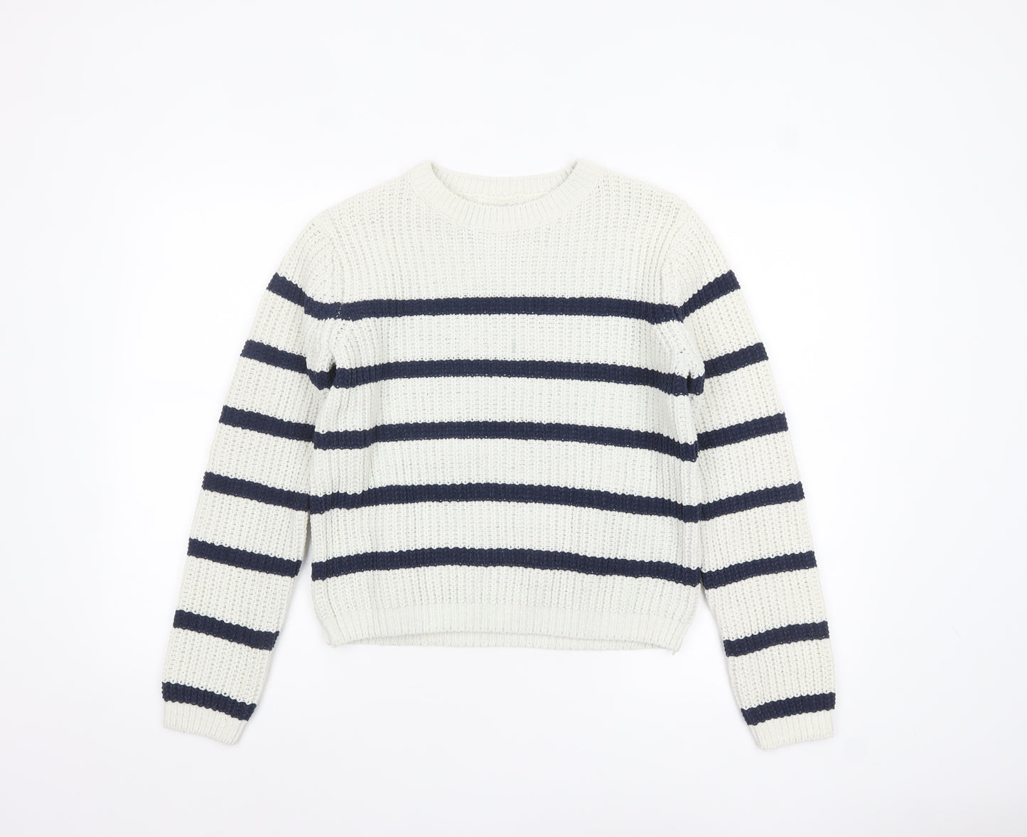 F&F Girls White Navy Striped Crew Neck Long Sleeve Pullover Jumper 13 Years