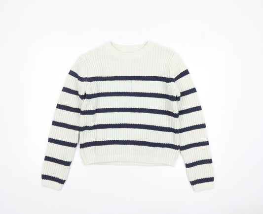 F&F Girls White Navy Striped Crew Neck Long Sleeve Pullover Jumper 13 Years