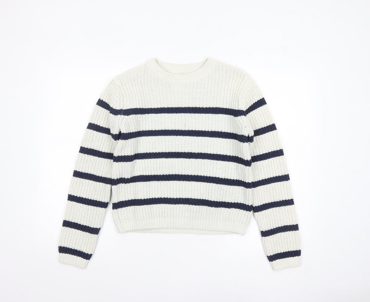 F&F Girls White Navy Striped Crew Neck Long Sleeve Pullover Jumper 13 Years
