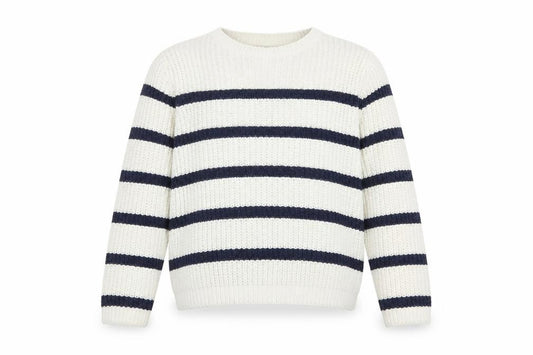 Front view of F&F girls’ white navy striped crew neck long sleeve jumper 13 years