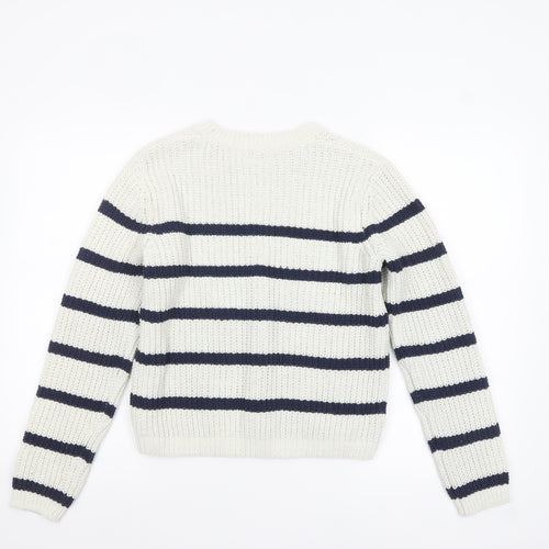 F&F Girls White Navy Striped Crew Neck Long Sleeve Pullover Jumper 13 Years
