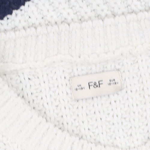F&F Girls White Navy Striped Crew Neck Long Sleeve Pullover Jumper 13 Years