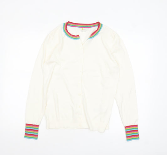 Boden Women's Ivory Cotton Cardigan UK 12 Rainbow Trim Long Sleeve