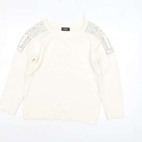 Klass Women's White Rhinestone Knit Pullover Jumper Size M