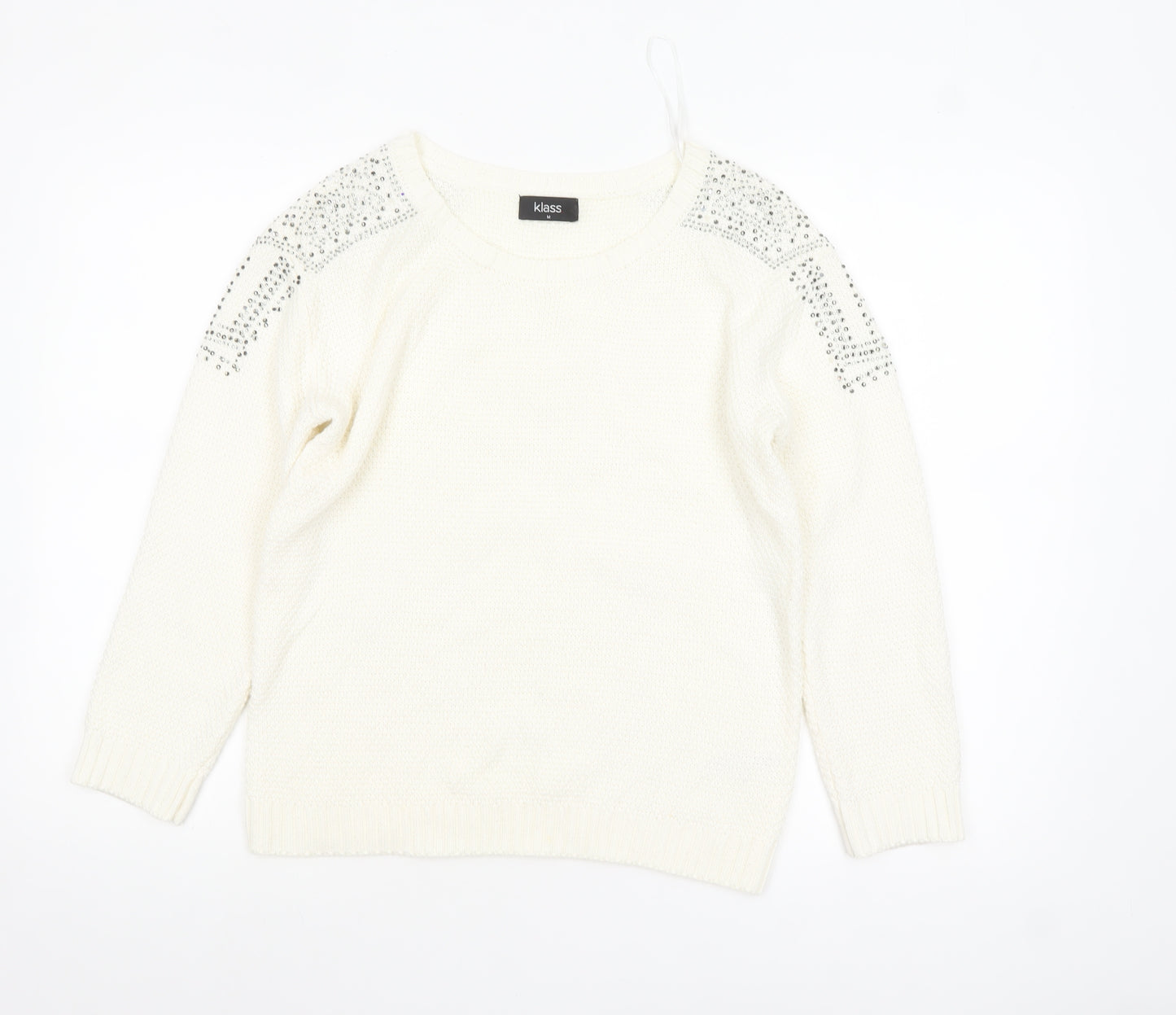 Klass Women's White Rhinestone Knit Pullover Jumper Size M
