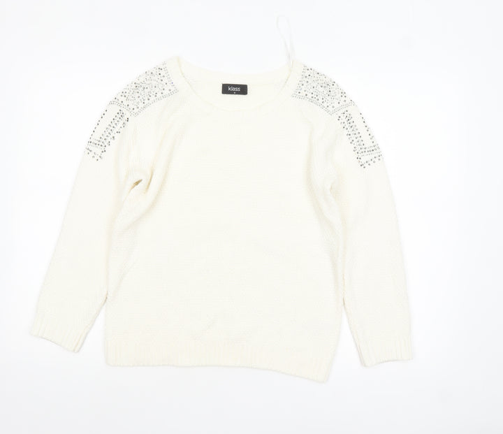 Klass Women's White Rhinestone Knit Pullover Jumper Size M