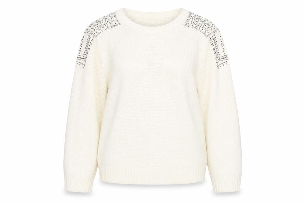 Front view of Klass Women's White Rhinestone Knit jumper, size M