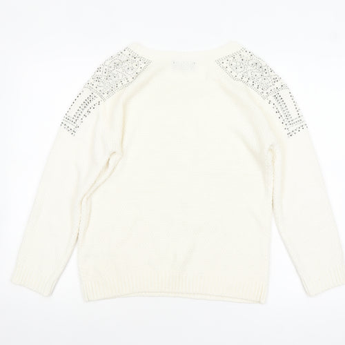 Klass Women's White Rhinestone Knit Pullover Jumper Size M