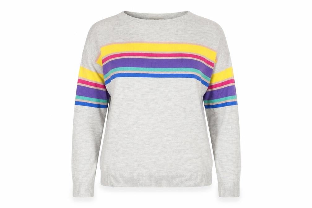 Front view of Next women’s grey rainbow stripe jumper, size UK 10