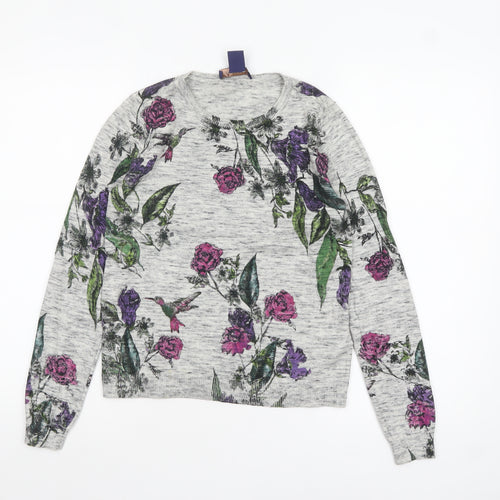 Oasis Women Grey Floral Crew Neck Cotton Jumper XS