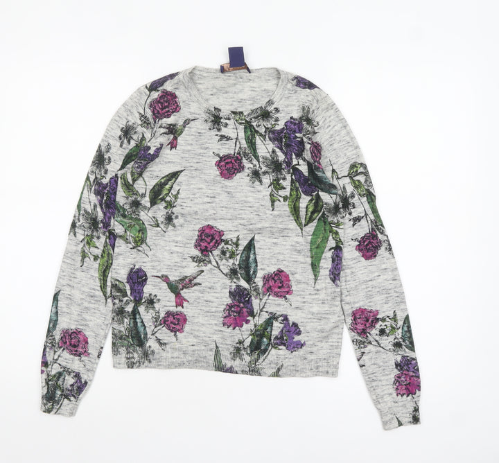 Oasis Women Grey Floral Crew Neck Cotton Jumper XS