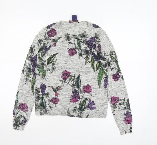 Oasis Women Grey Floral Crew Neck Cotton Jumper XS